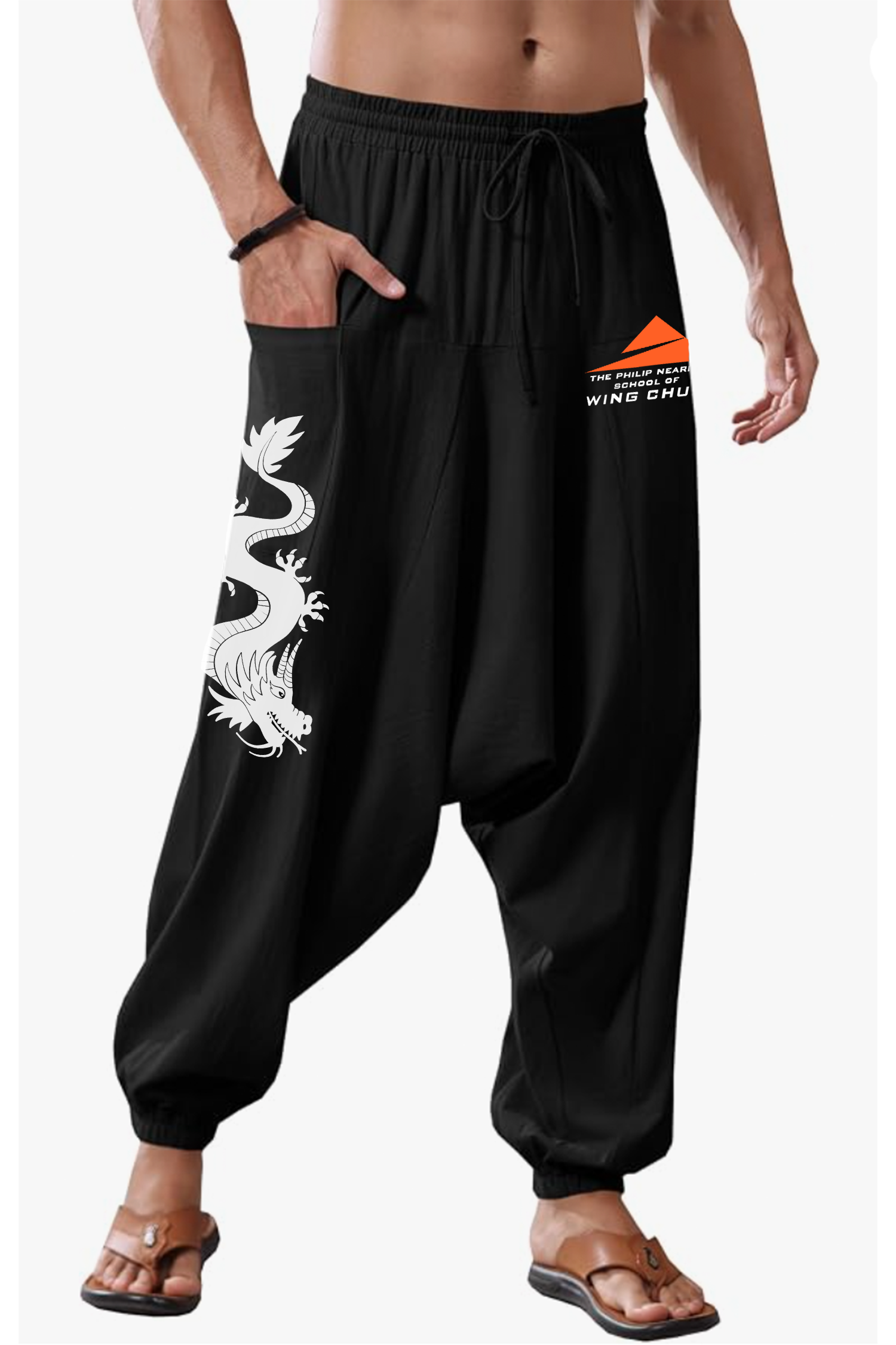 Classic Logo + Dragon Print Drop Crotch Pants