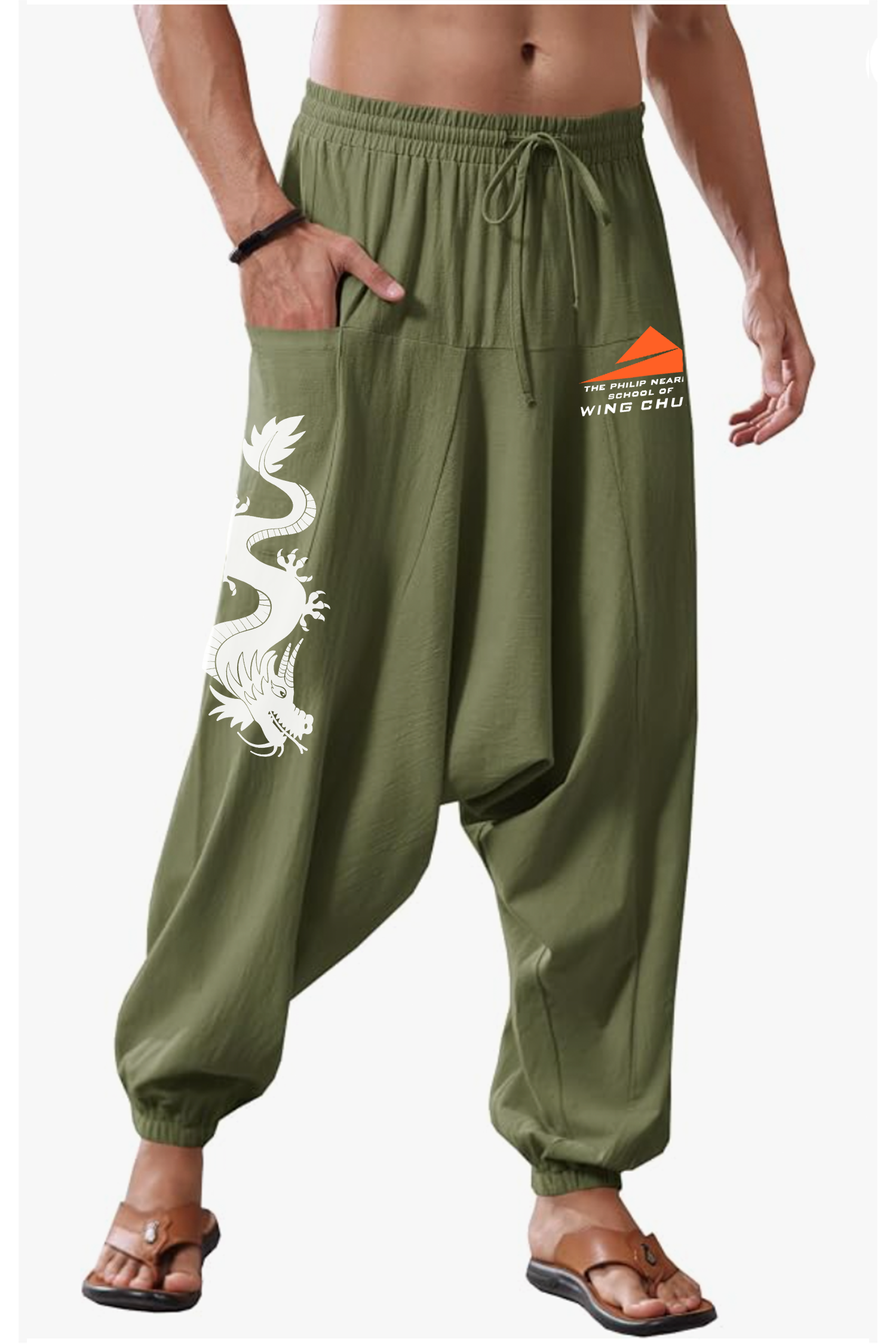 Classic Logo + Dragon Print Drop Crotch Pants
